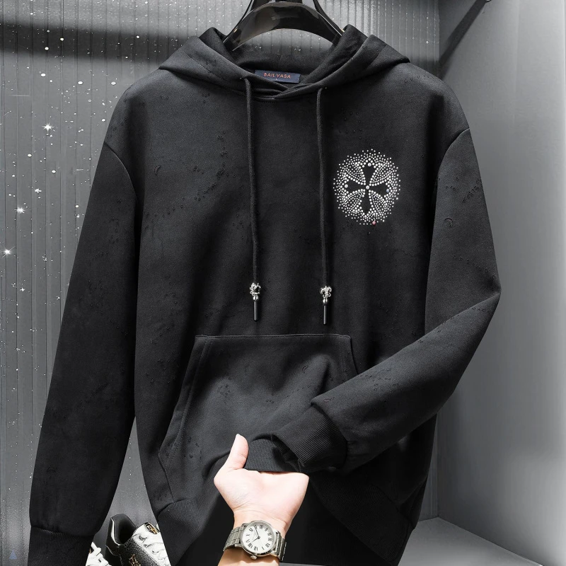 欧洲站潮牌烫钻连帽男装秋季卫衣长袖2025新款感破洞外套高端上衣