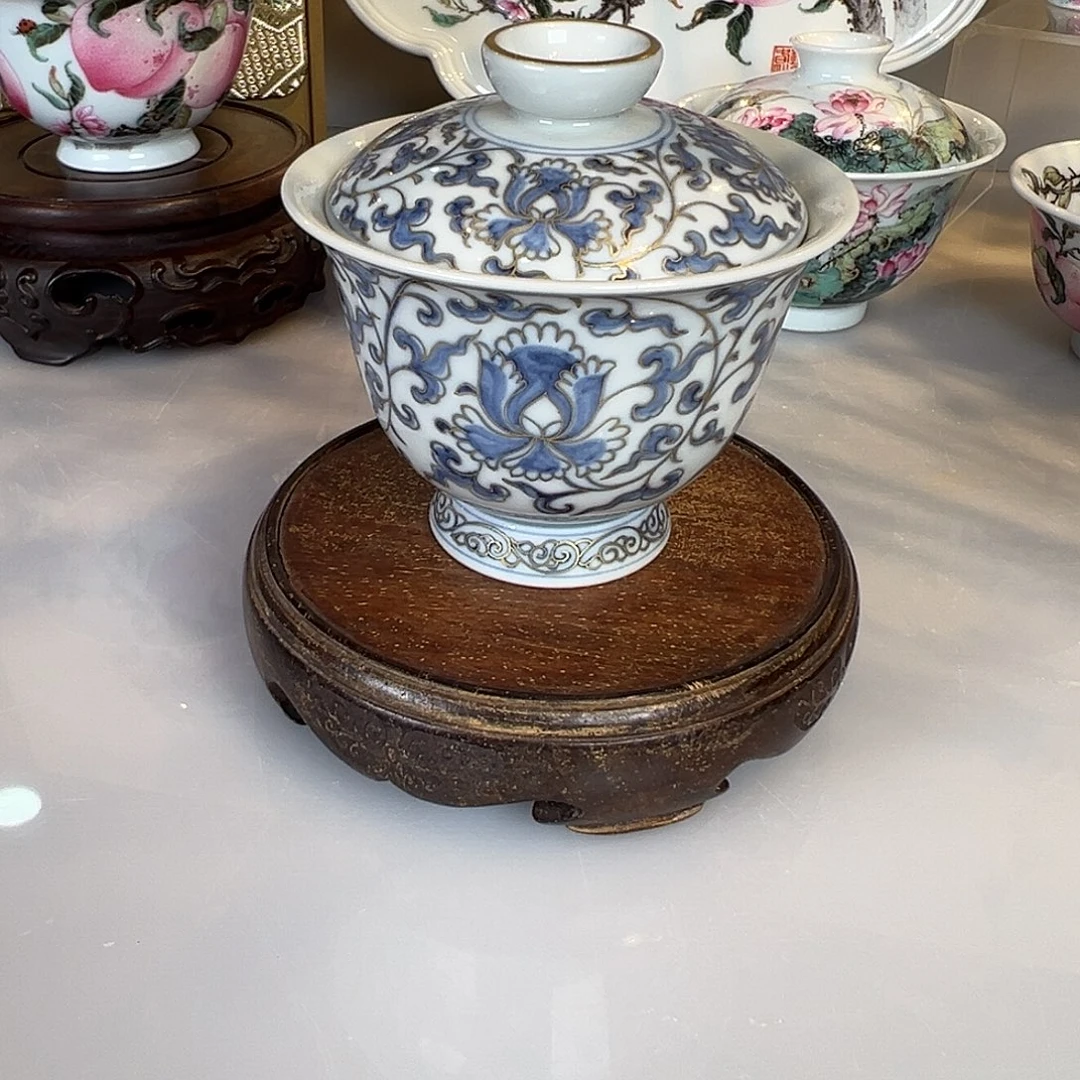 杯子元煦窑缠枝莲描金盖碗