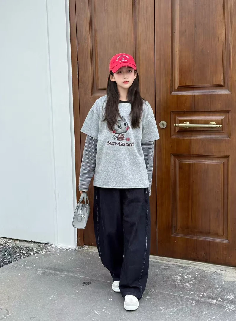 女童秋装连帽条纹卫衣套装2025新款中大童韩范直筒牛仔裤两件套