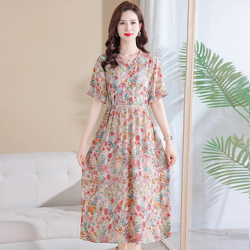 印花桑蚕丝碎花套头法式大码女连衣裙韩版夏装夏季收腰显瘦遮肚