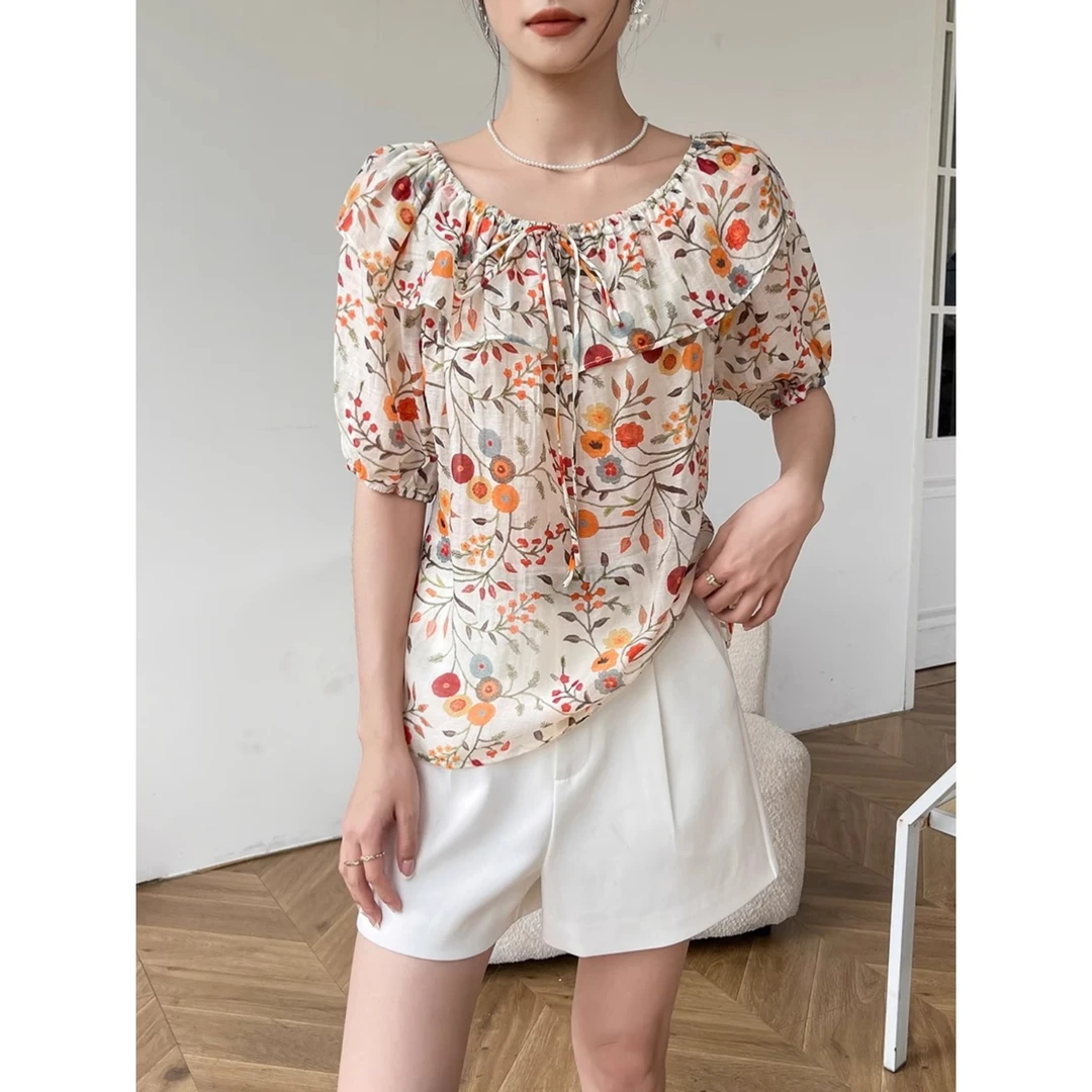 碎花短袖女t恤夏季2025新款百搭气质泡泡袖绑带一字肩上衣设计感