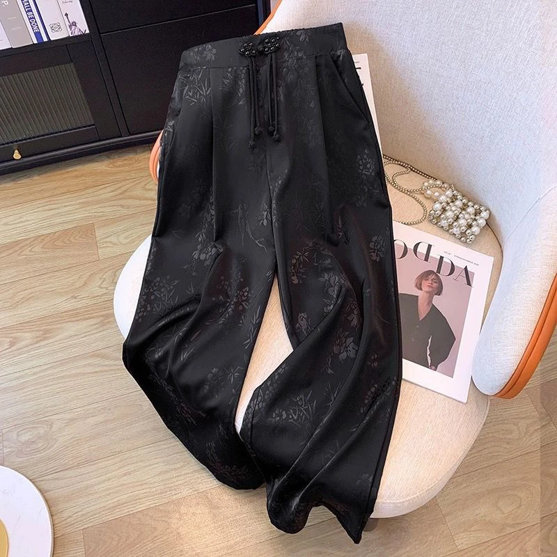 国风提花黑色加绒阔腿裤女中式春夏复古高腰时尚国潮直筒休闲长裤