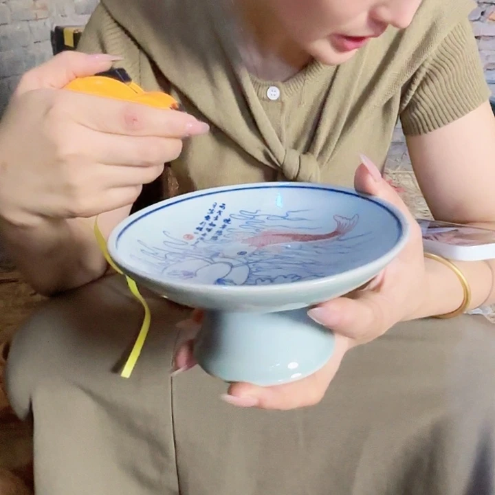 摆件景德镇高温陶瓷高脚果盘晚年悠悠