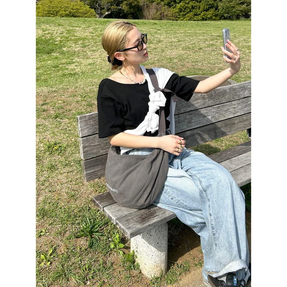 日系UNG 慵懒松弛斜挎包帆布休闲包包 休闲百搭设计感