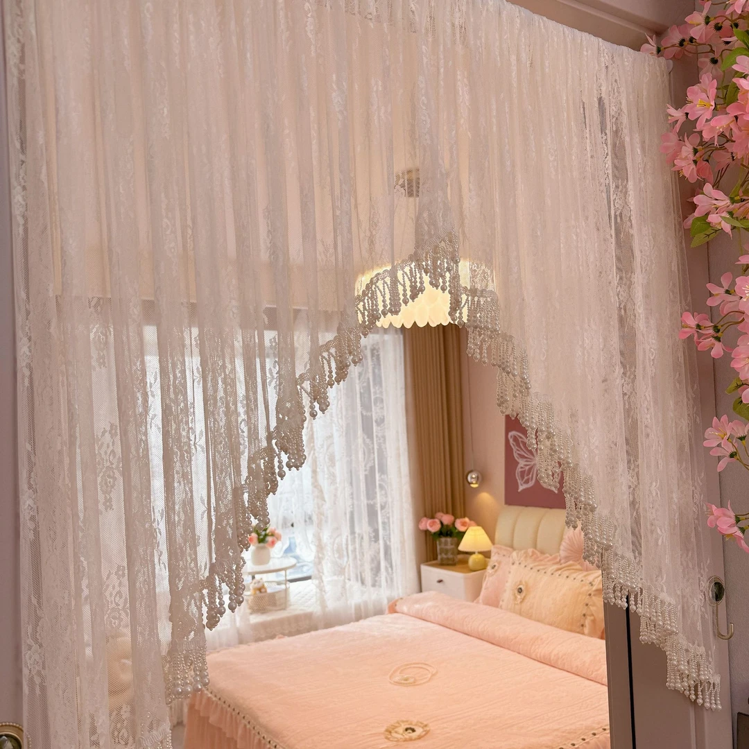 轻奢白纱流苏边碎免打孔安装隔断门帘纱帘蕾丝卧室厨房隔断