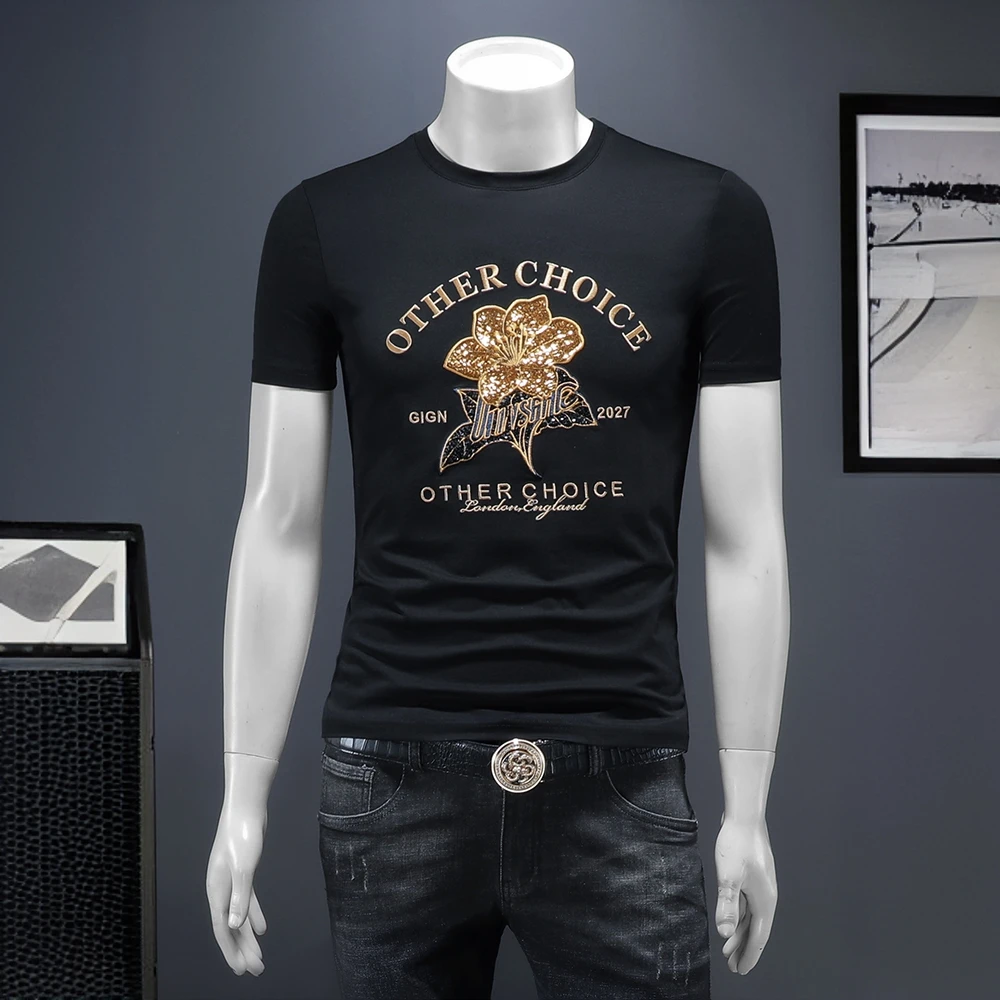 施摩瓦戈欧洲站短袖t恤男士夏季烫钻刺绣百搭圆领半袖体恤小衫潮