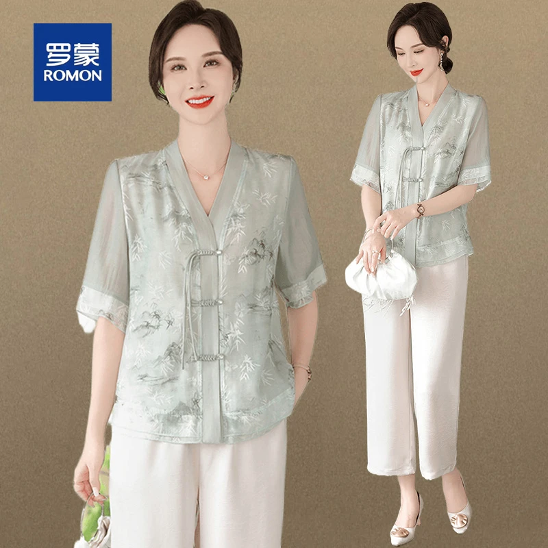 罗蒙母亲节妈妈夏装国风上衣贵夫人气质T恤中老年人雪纺小衫套装