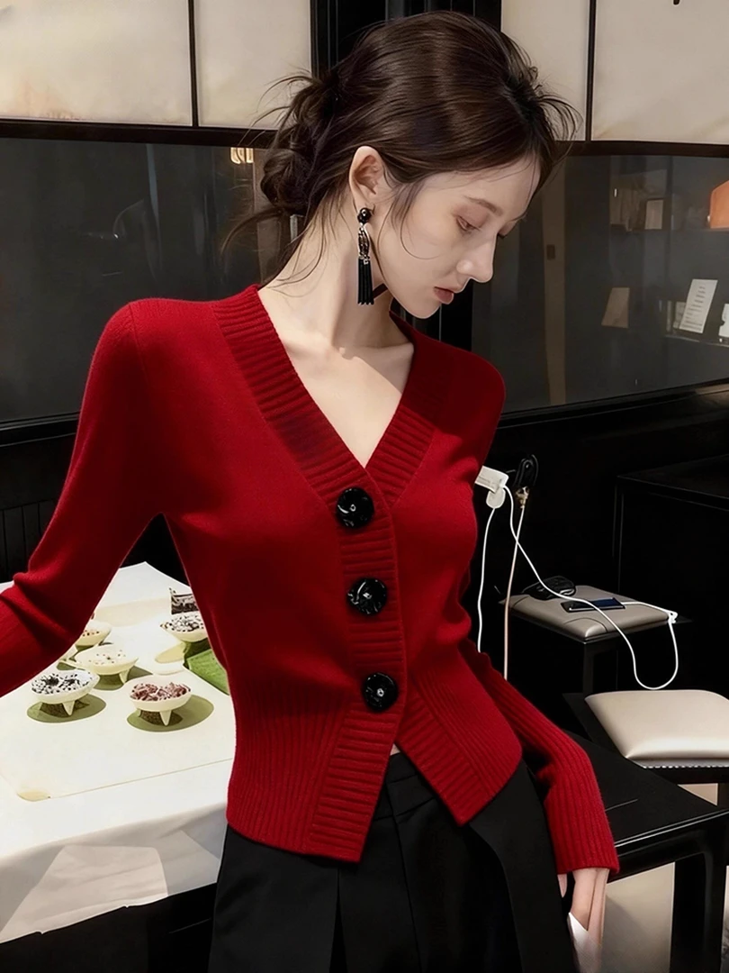 红色圣诞独特漂亮上衣女洋气时髦巨好看气质高端掐腰针织开衫毛衣