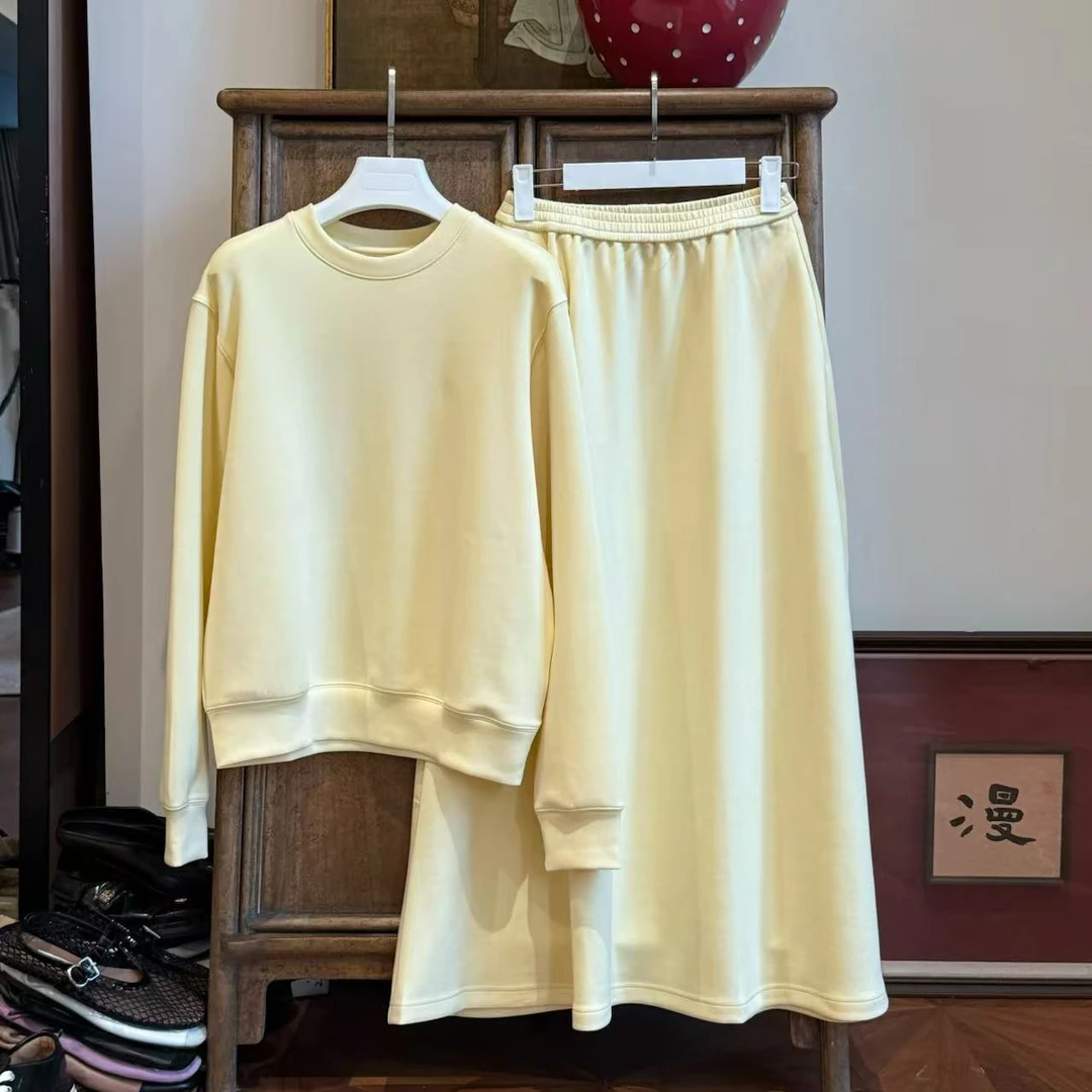 MYL2025春季新品天丝混纺卫衣套装圆领套头上衣中长款宽松半裙