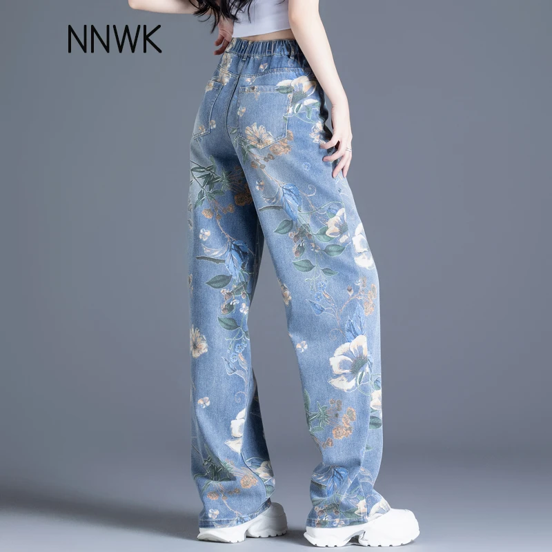 印花彩绘牛仔裤女2025年春秋新款阔腿裤高腰显瘦美式宽松直筒裤子
