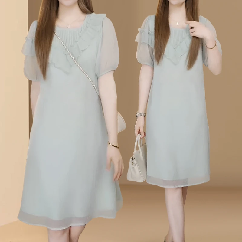 法式时尚圆领连衣裙女士夏季新款时髦欧货宽松遮肚别致短袖裙子