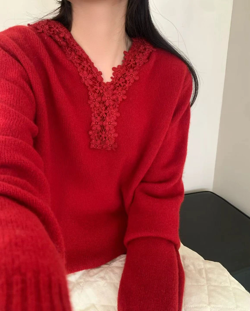 【西西家】蕾丝帽衫100羊毛减龄百搭长袖