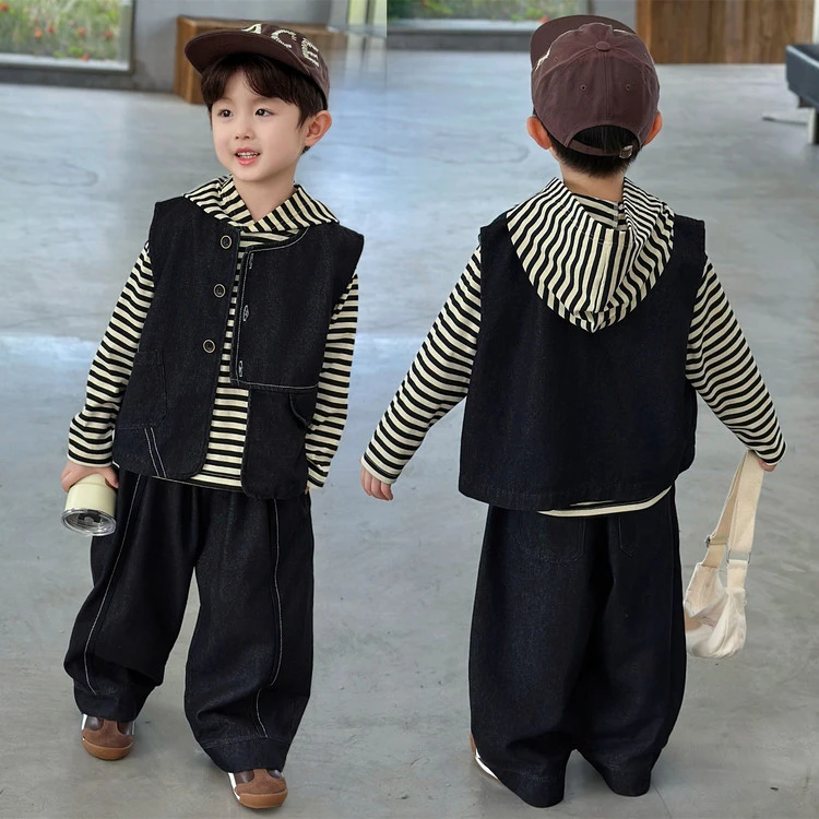 【三件套】男童春秋牛仔套装2025新款儿童秋季新品韩版宽松条纹衣服