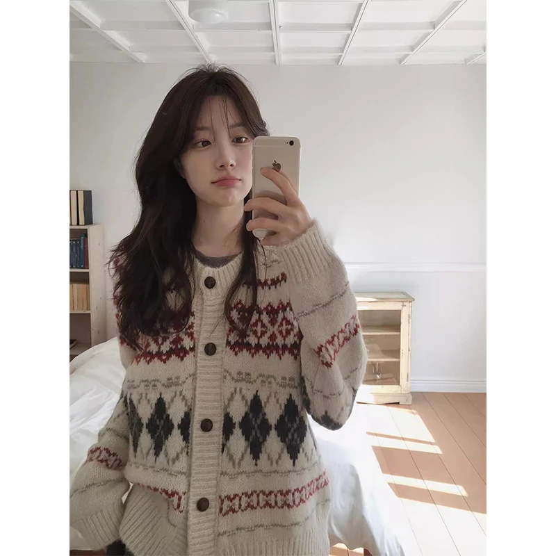 费尔岛复古提花毛衣女秋冬新款软糯ins潮宽松慵懒风针织开衫外套