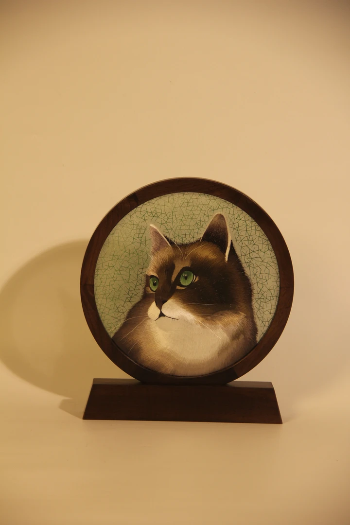 纯手工猫咪胡桃木双面苏绣精品摆件客厅玄关送人摆件锦盒包装