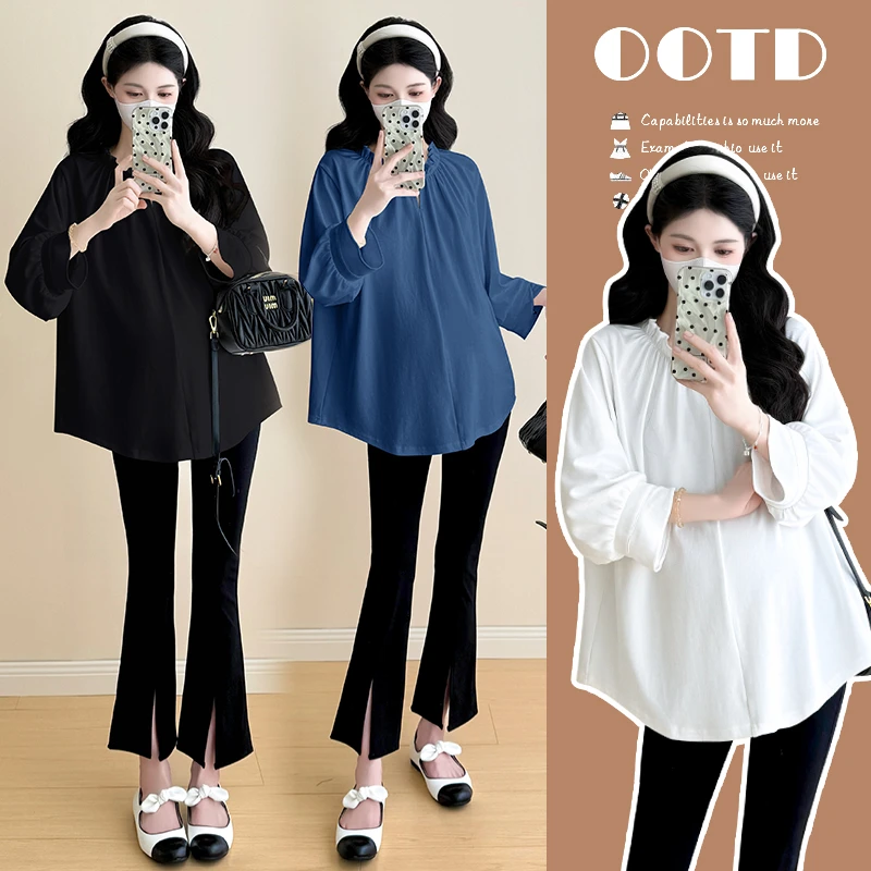 大码孕妇装衬衫早秋七分袖孕期网红遮肚宽松百搭上衣春秋t恤200斤