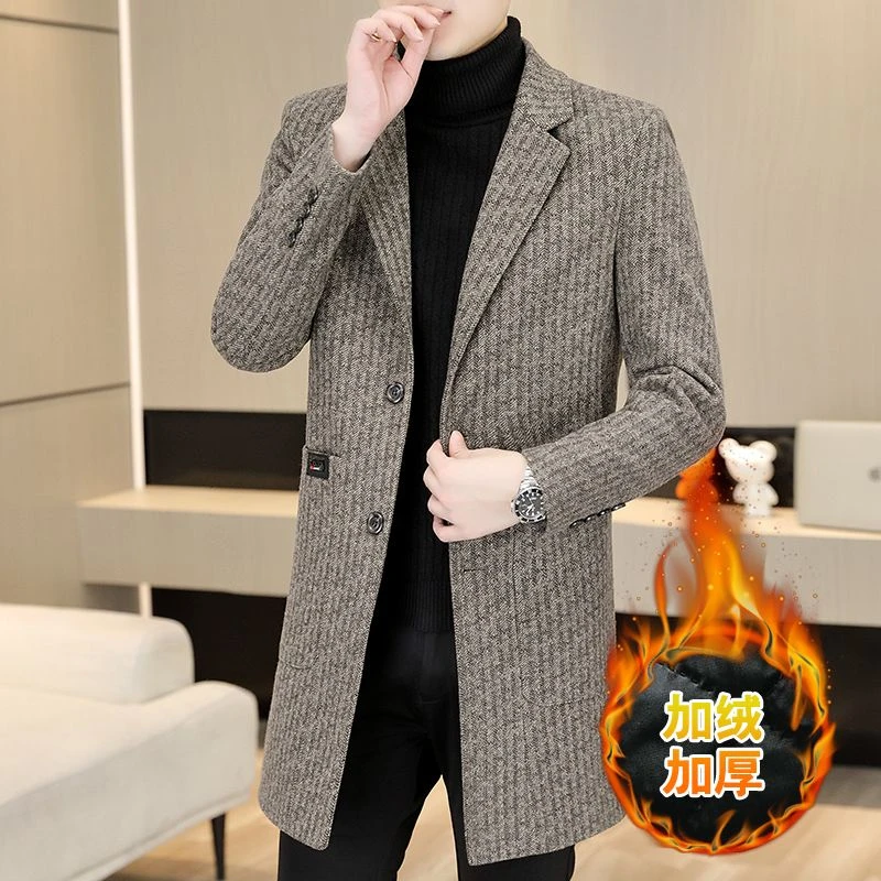 男士大衣冬季中长款青年高端休闲西装领千鸟格加厚毛呢风衣外套潮