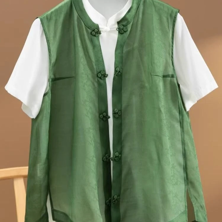薄荷绿新中式国风薄款马甲女夏复古盘扣小立领宽松休闲无袖马夹潮