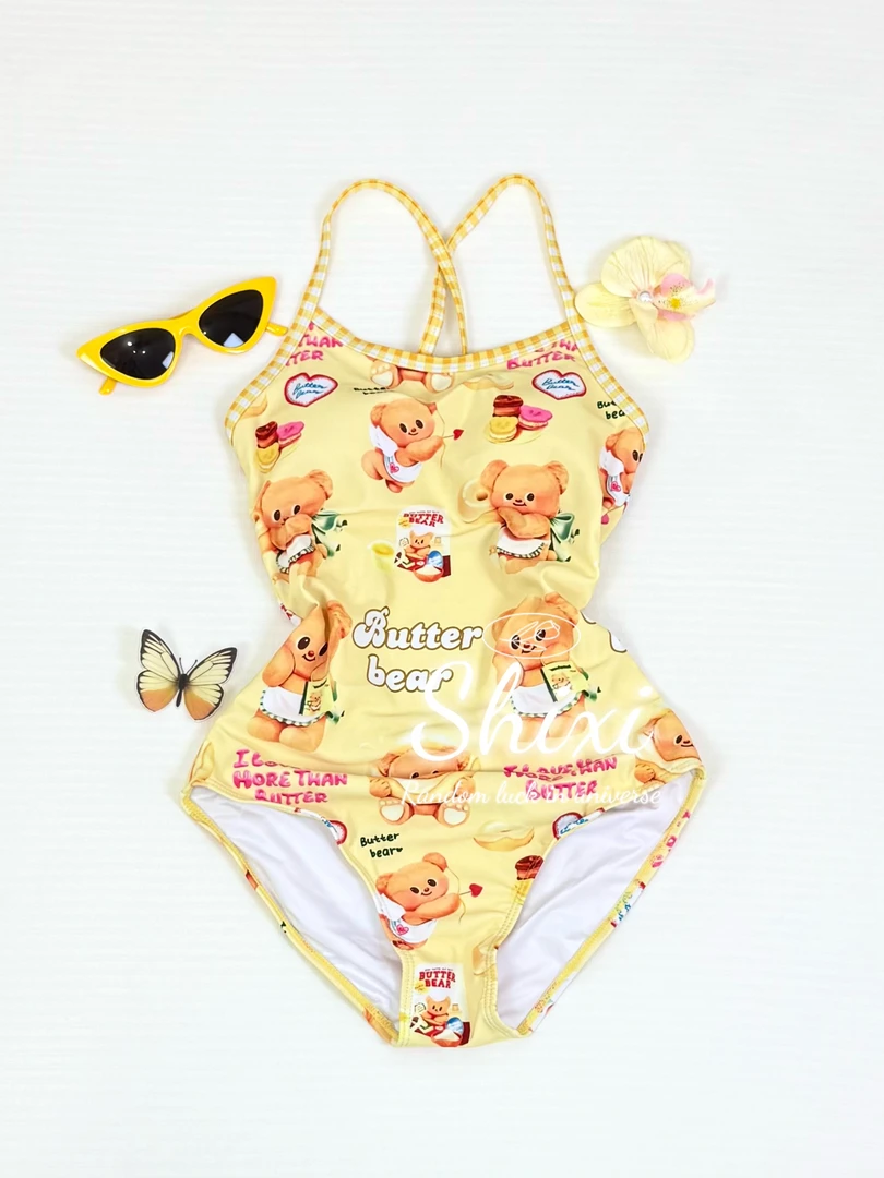 黄油小熊丨双层固定一体杯低叉可爱少女减龄专业竞速连体三角泳衣