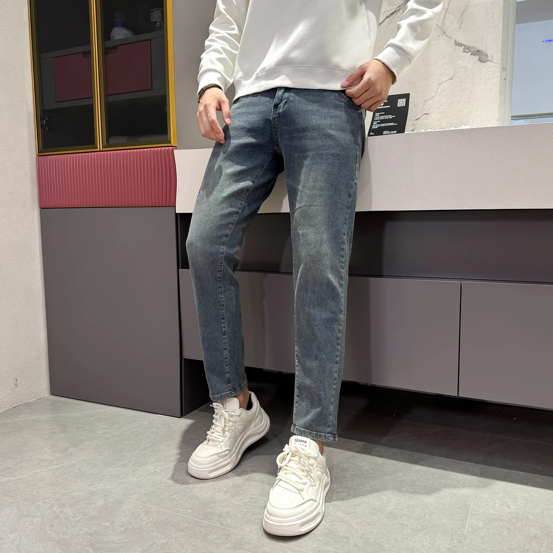 早秋新款高端牛仔裤男春夏轻薄款简约百搭潮牌修身弹力九分休闲裤