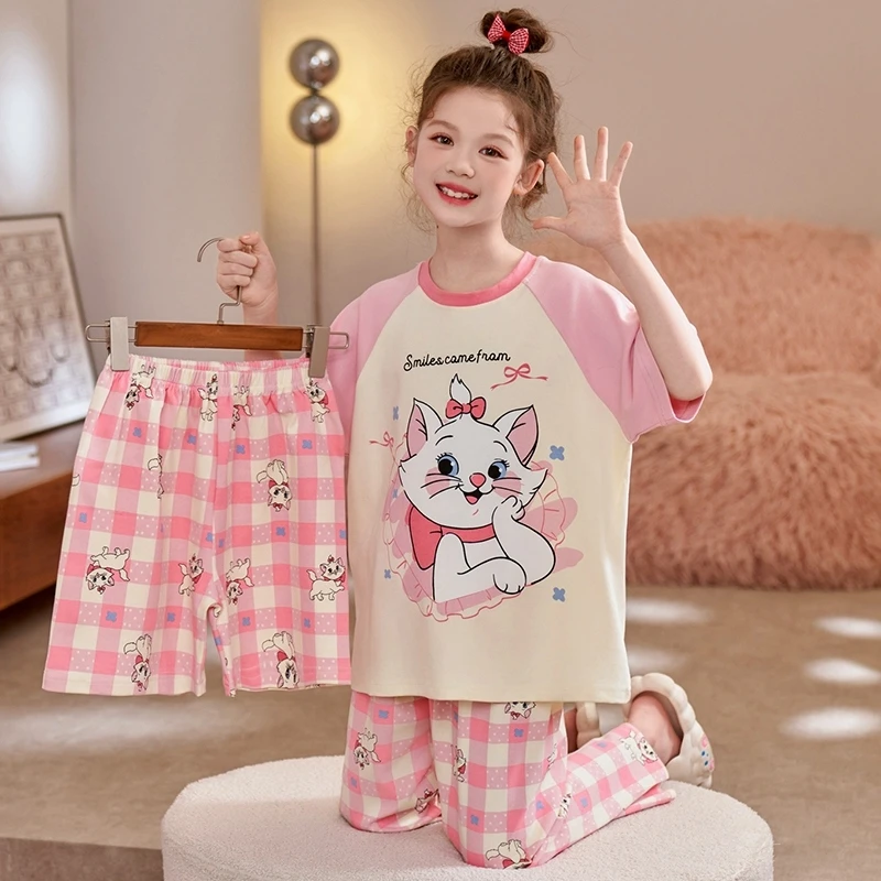 三件套女童睡衣2025新款夏季纯棉薄款短袖小猫儿童女孩哪吒家居服
