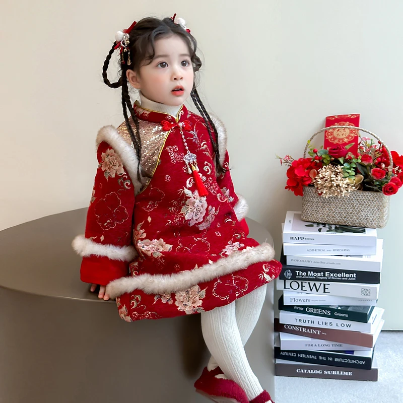 儿童冬季中国风新款唐装女童加厚新年旗袍拜年服喜庆宝宝冬装汉服