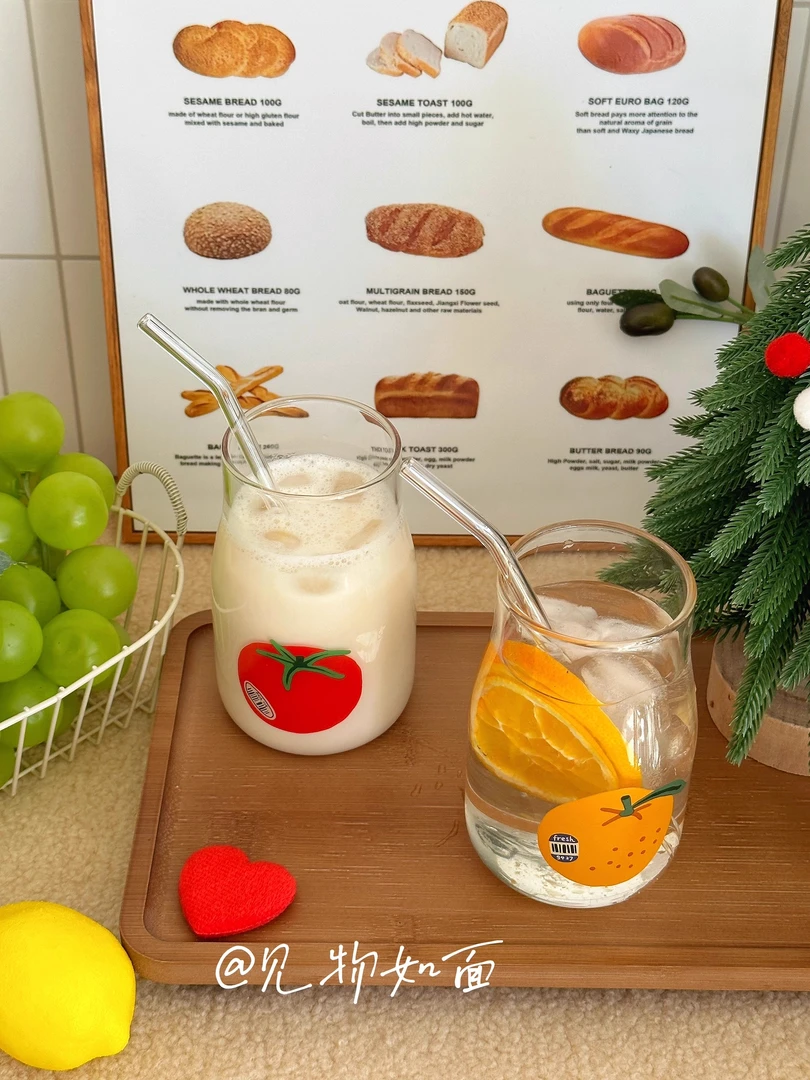 高颜值ins风玻璃杯带吸管可爱水果番茄苹果水杯家用饮料杯冰美式