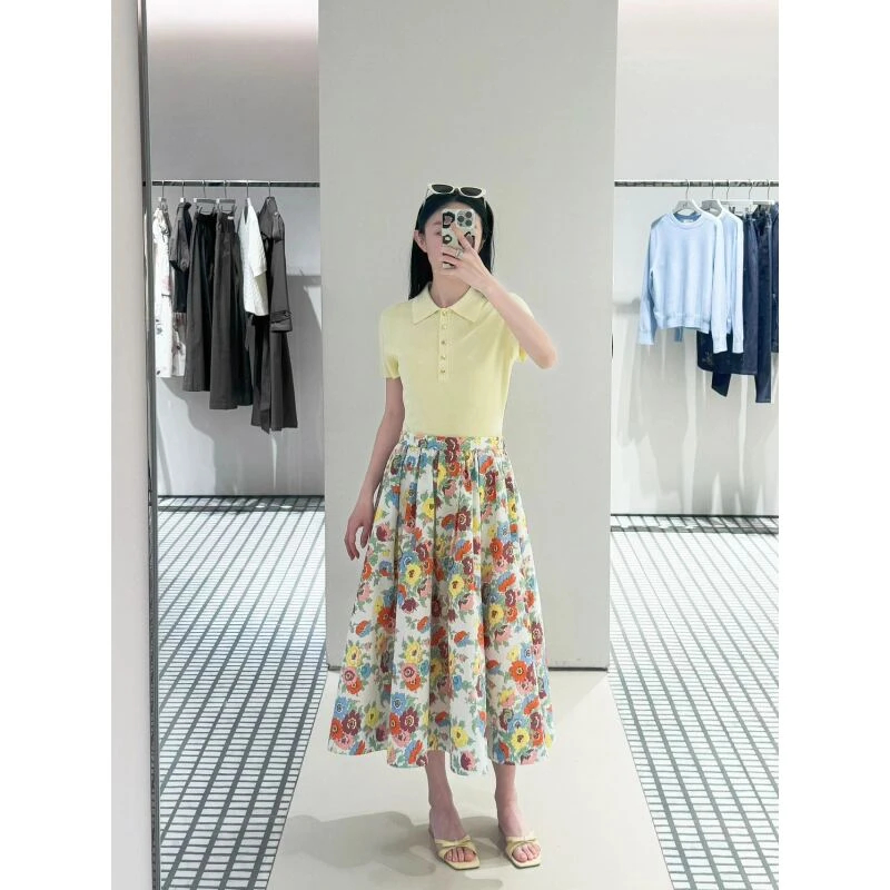 夏季百褶休闲碎花府绸棉印花银莲花A字裙半身裙DM192C9