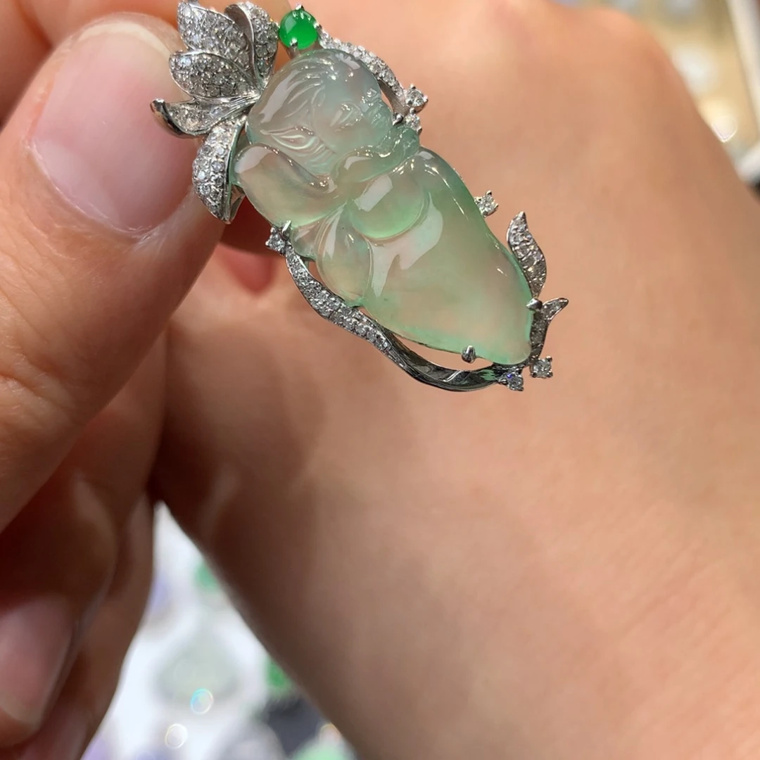 翡翠吊坠(不含链)18K金镶嵌花仙子