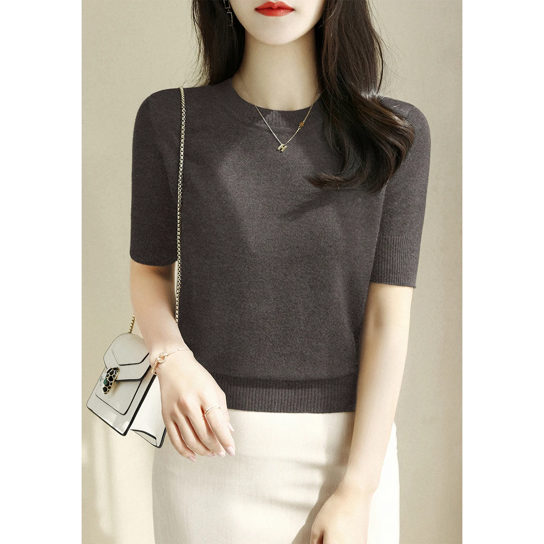 2025秋季新款花啡色圆领短袖针织衫气质百搭宽松显瘦纯色T恤上衣