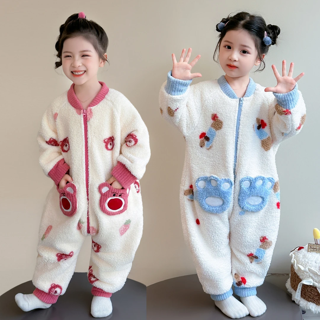 儿童连体睡衣秋冬加厚保暖婴儿宝宝防踢被睡袋女童珊瑚绒家居服