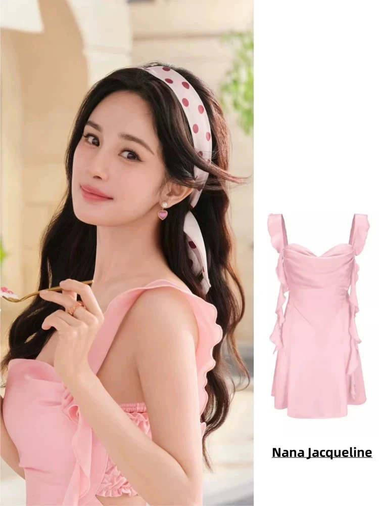 杨幂明星同款2025夏季新品时尚性感露背飘带纯色连衣裙