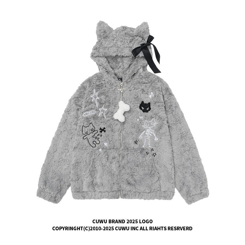cuwu可爱猫耳朵连帽羊羔绒棉服女冬季骷髅猫咪刺绣保暖棉衣外套