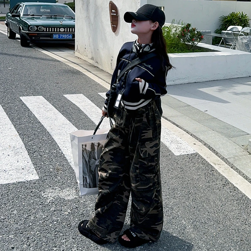 【嘻嘻柚】女童春季立领外套迷彩工装裤套装2025新中大童时尚两件套