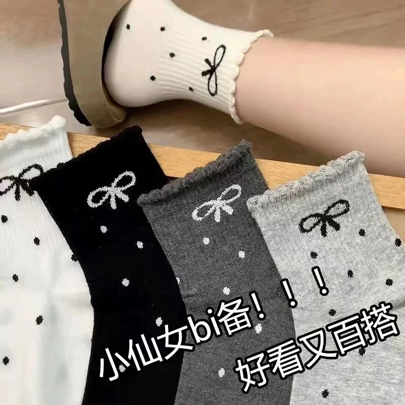 【6双装】波点蝴蝶结春夏新款miu系堆堆袜中筒袜日系花边中筒袜