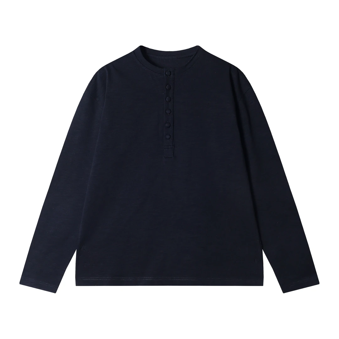 早春新款时尚个性韩版纯色半纽扣圆领长袖T恤休闲百搭情侣上衣