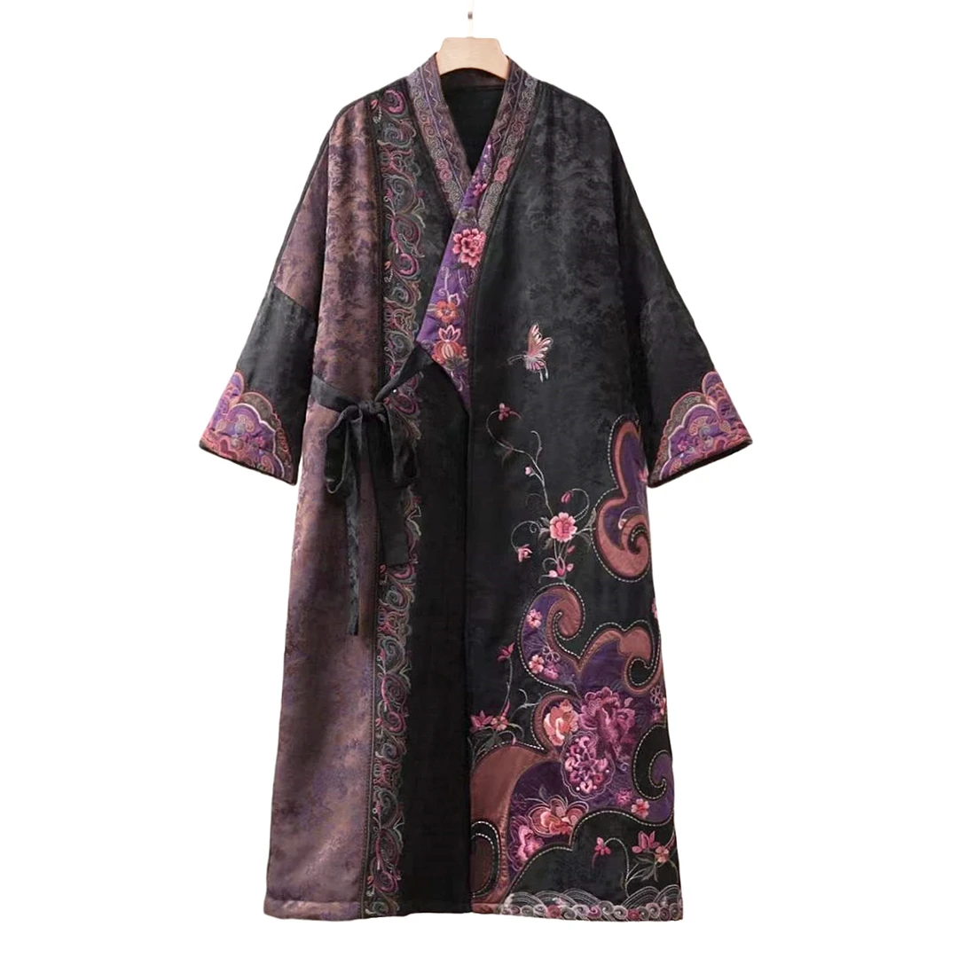 刺绣新中式提花民族风高定设计师原创斜襟交叠领系带汉风夹棉长袍