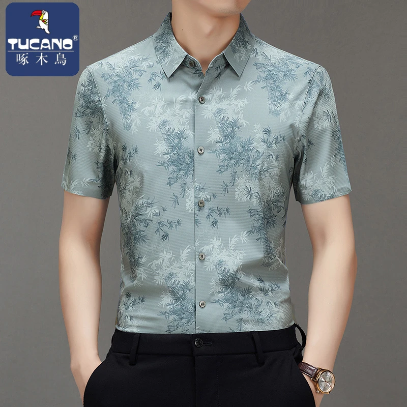 啄木鸟正品高端短袖衬衫男士夏季商务休闲男装免烫抗皱半袖花衬衣