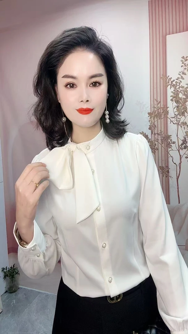 新款百搭气质款小立领右侧飘带衬衫