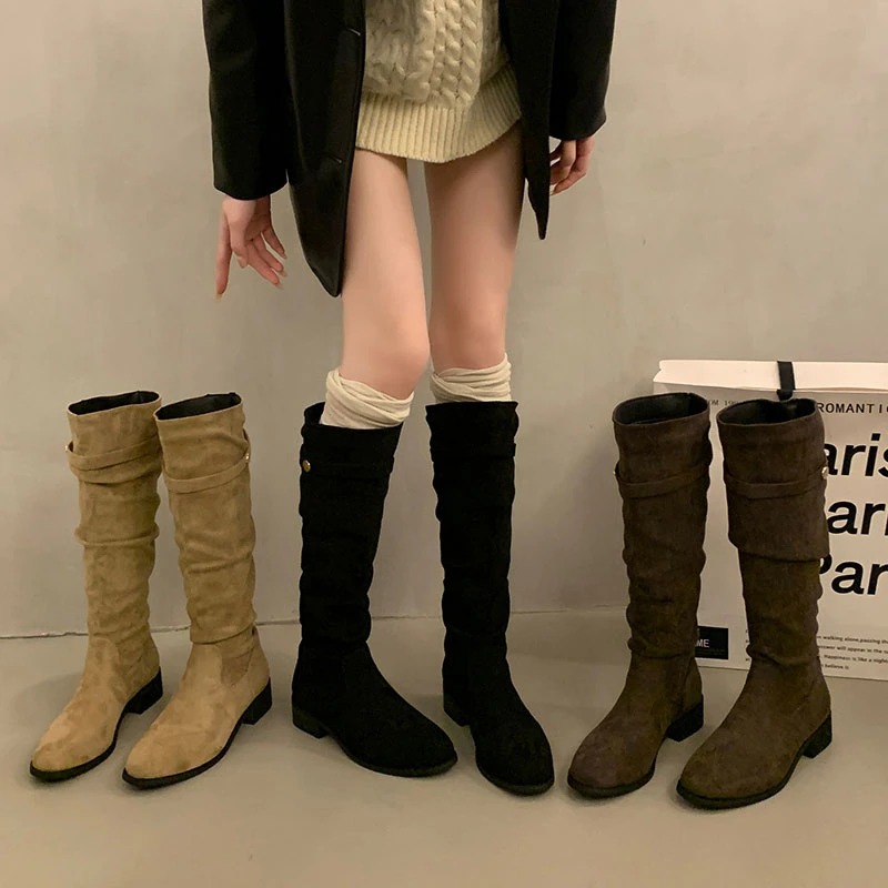 不过膝卡其色堆堆靴高筒骑士靴女鞋新款秋冬季褶皱显瘦长筒长靴子