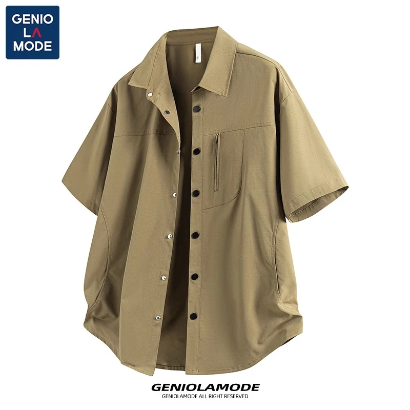 GENIOLAMODE夏季男士日系潮牌衬衫宽松百搭短袖t恤薄款工装衬衣男