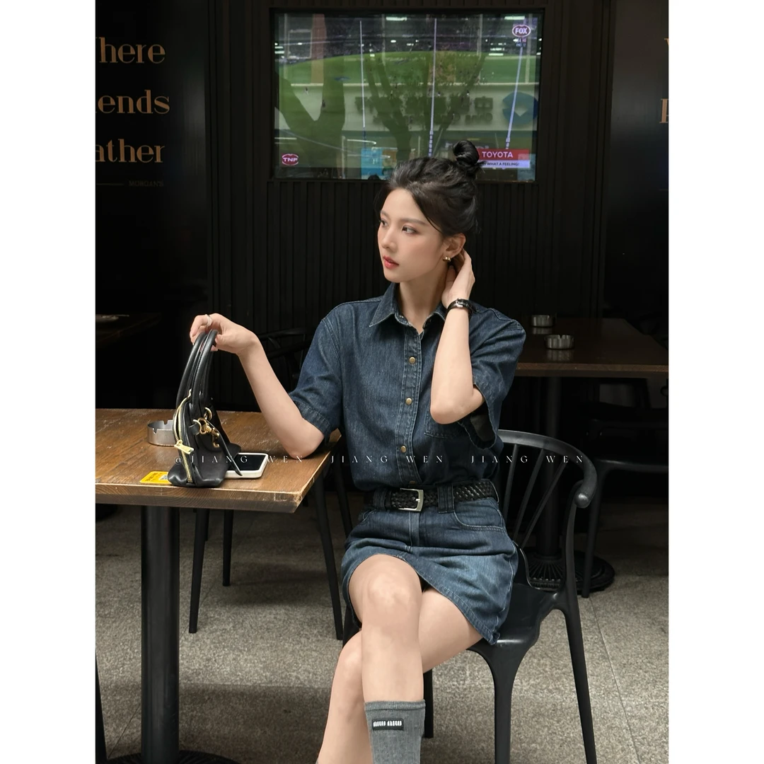 【牛仔计划】时尚复古短袖衬衫牛仔外套+短裙牛仔裙两件套装