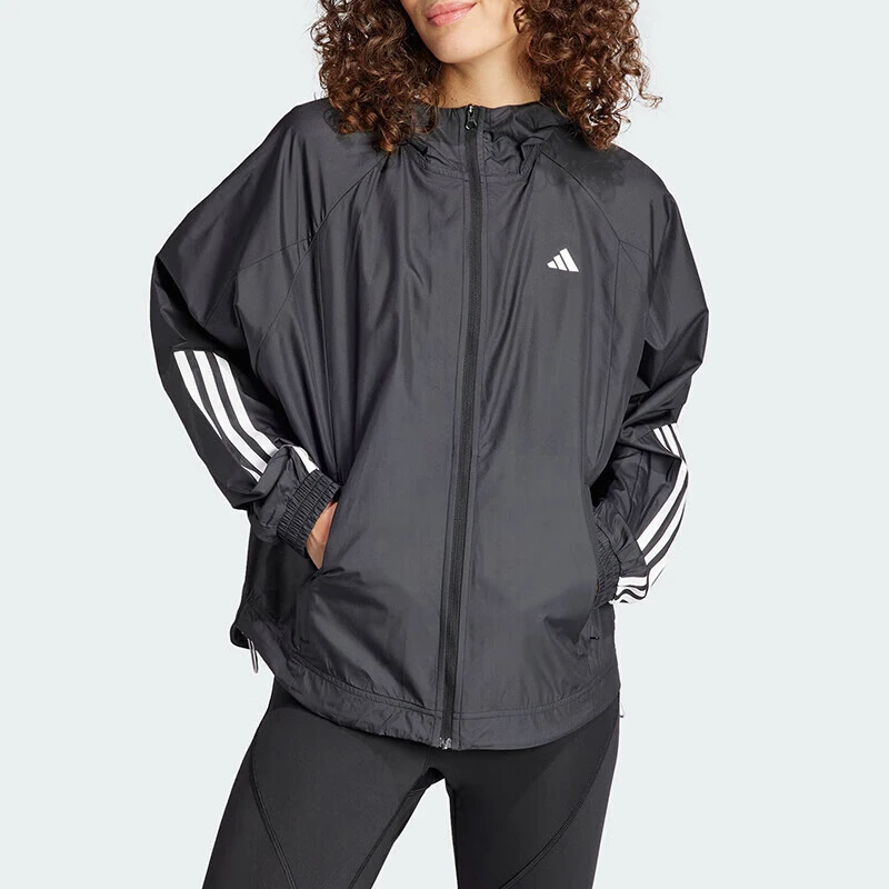 阿迪达斯梭织连帽夹克女秋季新款跑步运动服休闲宽松外套IS8036