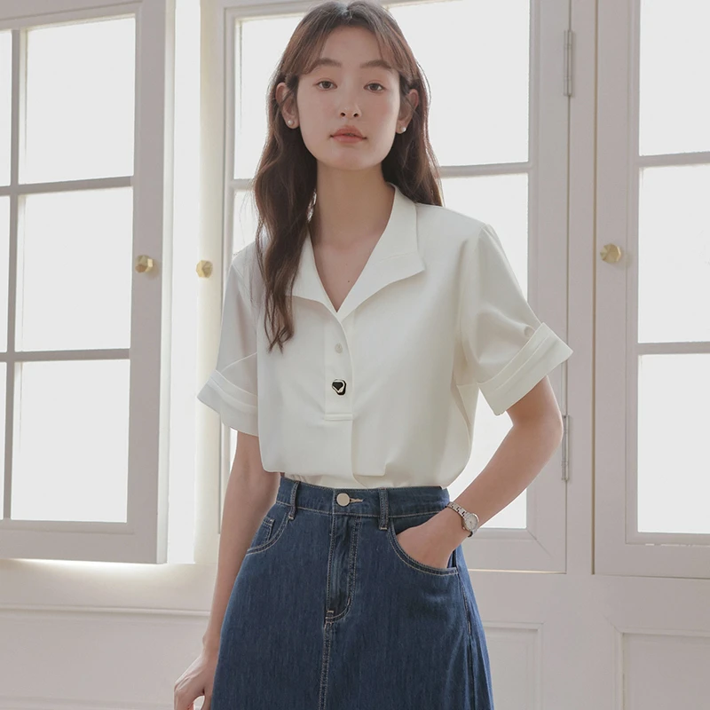 原水白色设计感短袖衬衫女夏季法式宽松通勤上衣25YS00084