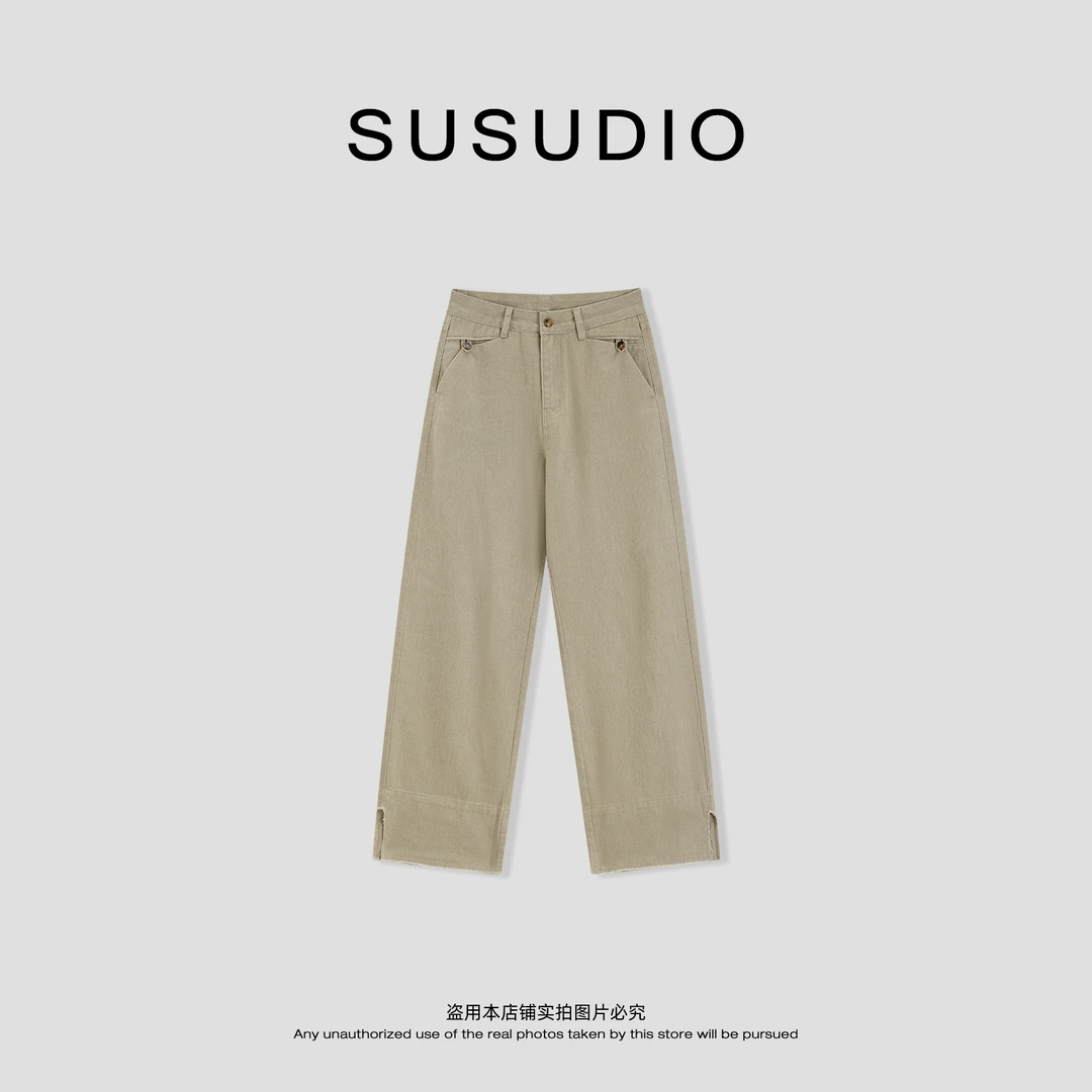 SUSUDIO 100棉 水洗做旧系扣口袋宽松阔腿磨破牛仔裤 40641