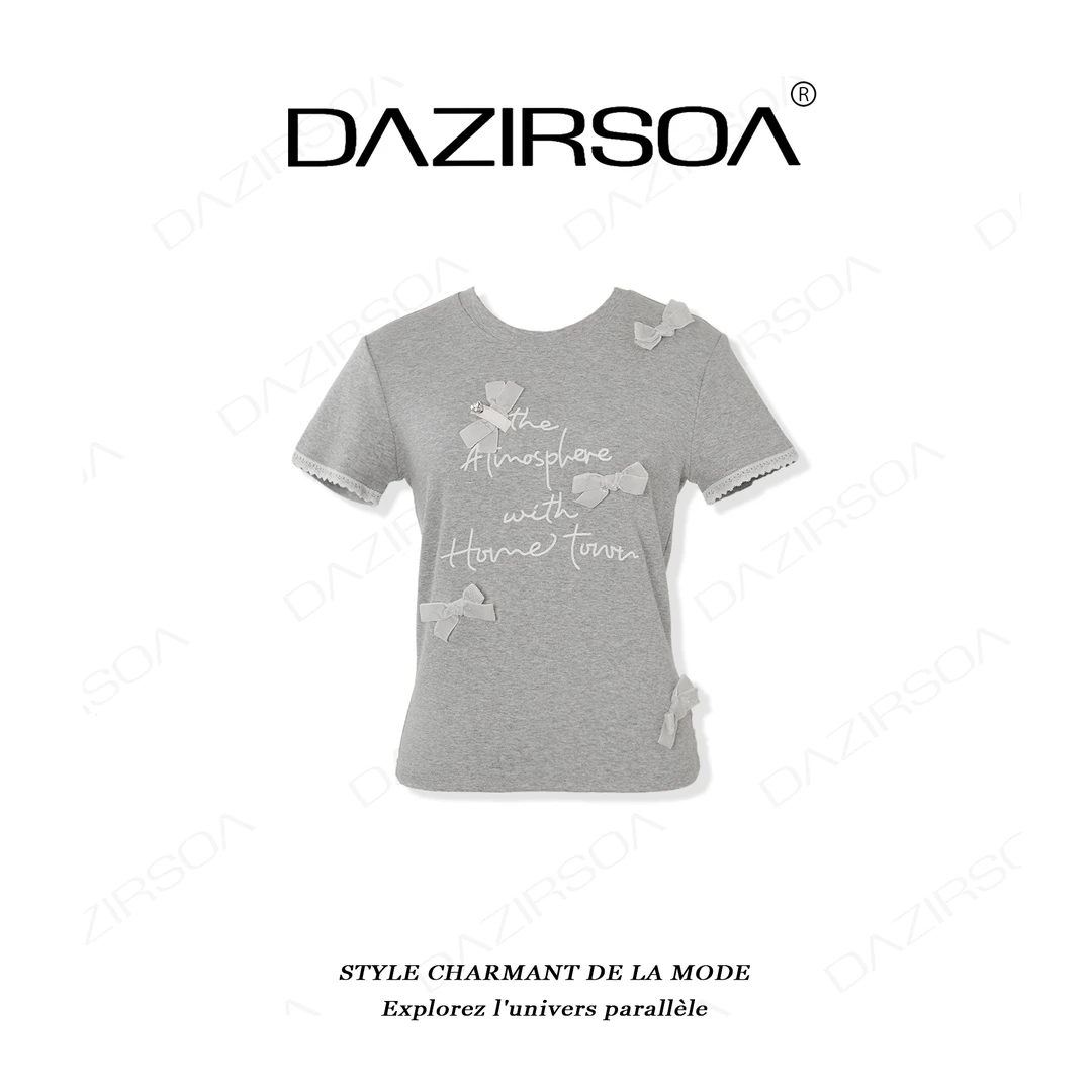 DAZIRSOA/达姿“浪漫冒险”时尚百搭拼接蝴蝶结洋气短袖上衣 X879