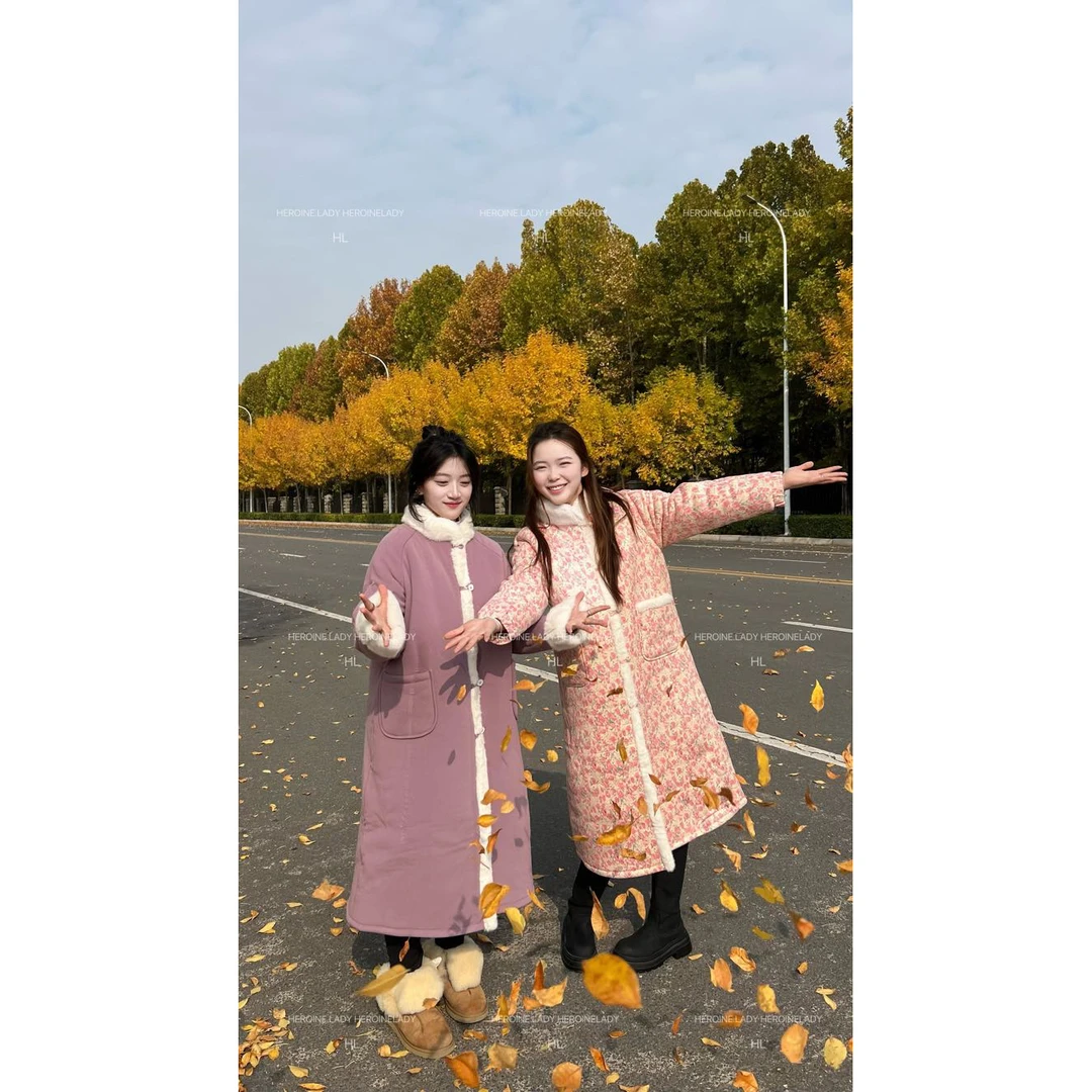 【寒酥夜】HL冬新中式三层加厚长款棉服纯色碎花国风棉衣百搭简约