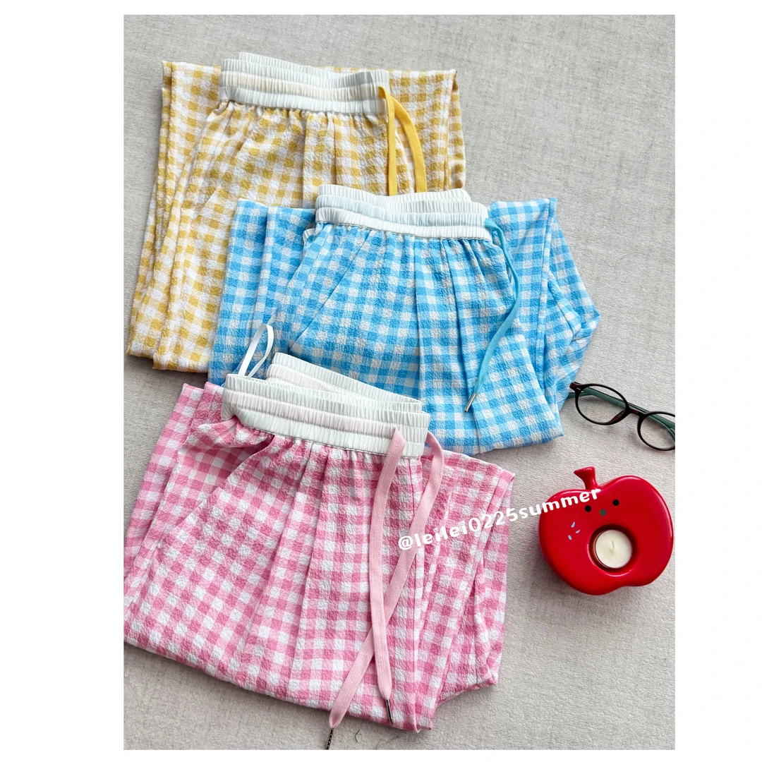 晶咕【格子控】复古撞色格纹全松紧高腰阔腿休闲裤