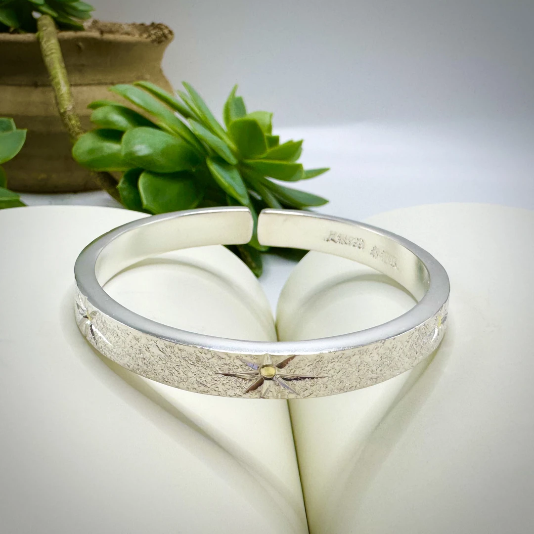 足银手镯 满天星 足银999全手工錾刻金银错时尚开口镯