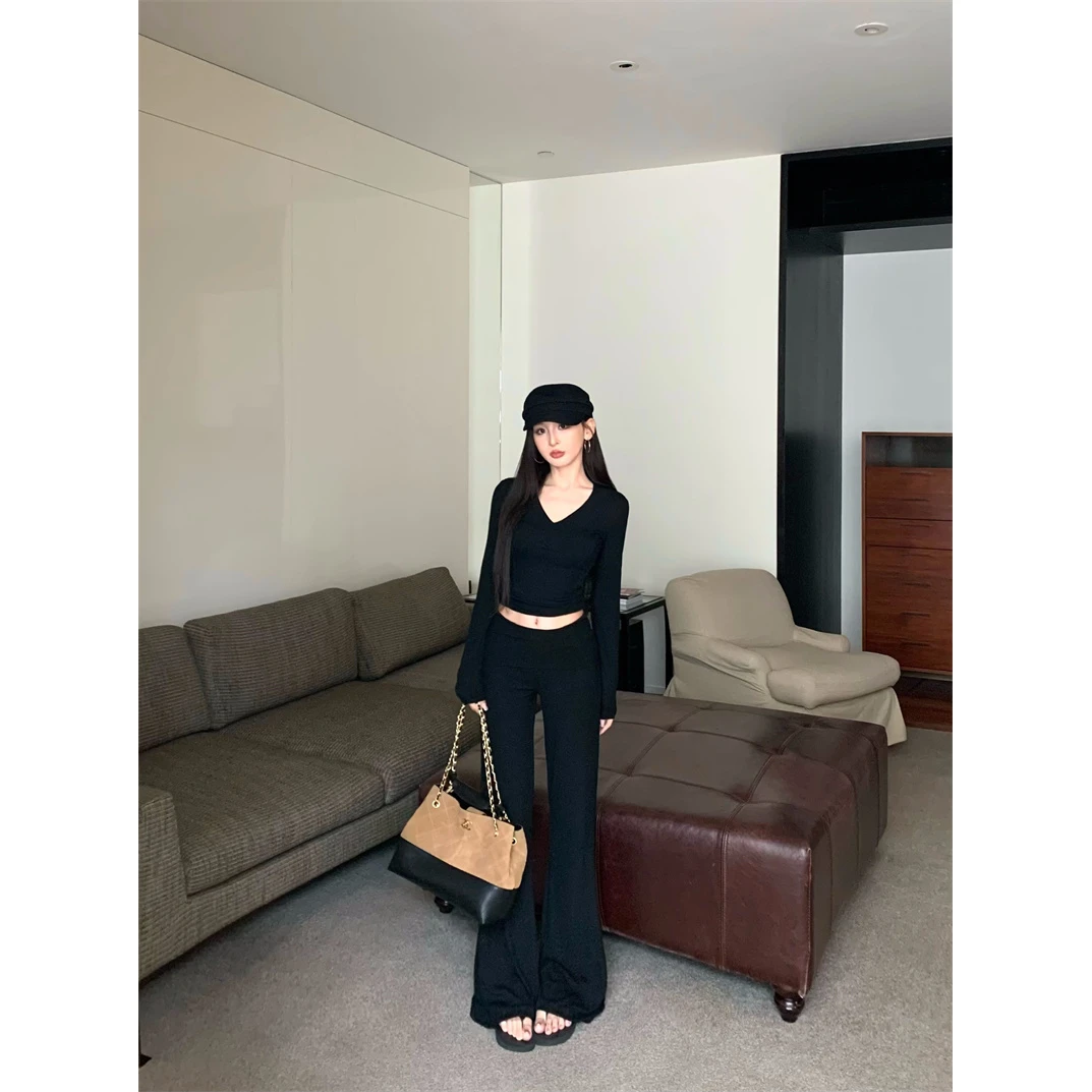 简约风纯色V领长袖上衣长裤半身裙两件套#8234